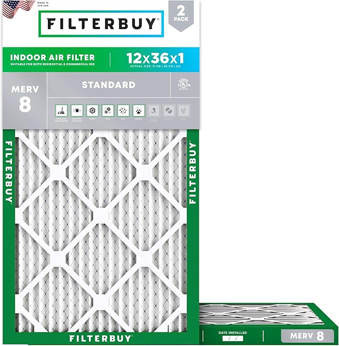 Filterbuy 12x36x1 Air Filter MERV 8 (MPR 700) Dust Defense Replacement (2-Pack), Electrostatic Pleated HVAC AC Furnace Filters, Made in USA (Actual Size: 11.88 x 35.88 x 0.75)