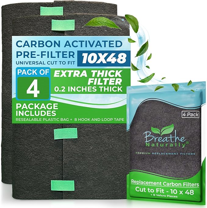 Breathe Naturally Universal 10x48 Cut-to-Fit Activated Carbon Filter (4 Pack) Charcoal Air Filter Sheet for Air Purifiers