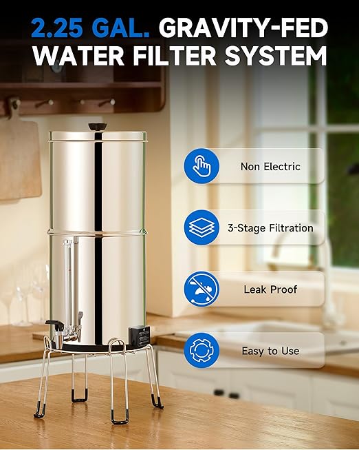 CO-Z Gravity-Fed Water Filter System, 2.25 gal UV Countertop Water Filtration System, Stainless Steel Water Purifier with 2 Carbon Filters, Water Level Spigot, Chamber Stand, NSF/ANSI 42 Certification