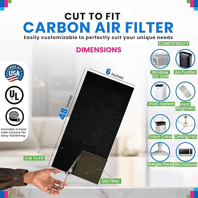 Cut to Fit Activated Carbon Filter Sheet 6” x 48” - Activated Carbon Air Filter for Air Purifiers Window AC Air Vent And More - Charcoal Filters Effectively Absorb Odors & Freshens the Air (1-Pack)