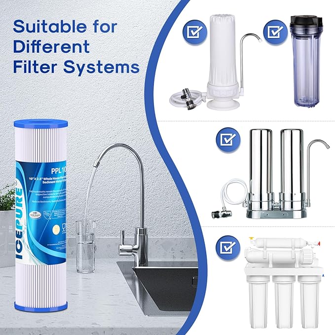 10" x 2.5" Pleated Sediment Water Filter Cartridge Replacement Any 10 inch RO Unit, Compatible with R50, Dupont WFPFC3002, Whirlpool WHKF-WHPL, GE FXWPC, Hydronix SPC-25-1050, Watts FM-50-975 4PACK