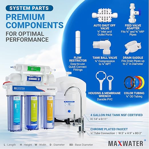 Max Water 5 Stage 50 GPD (Gallon Per Day) RO (Reverse Osmosis) Standard Water Filtration System - Under-Sink/Wall Mount (with Tank & Faucet) - Model: RO-5C5