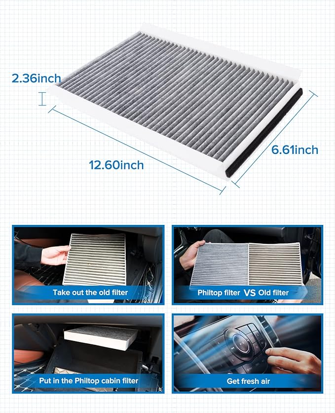 PHILTOP Cabin Air Filter, Replacement for CF10103 528i 530i 535i 535xi 525i 528xi 530xi 645Ci 650i 550i 545i 525xi M5 M6, Premium ACF085 Cabin Filter with Activated Carbon Filter Up Dust Pollen Odor