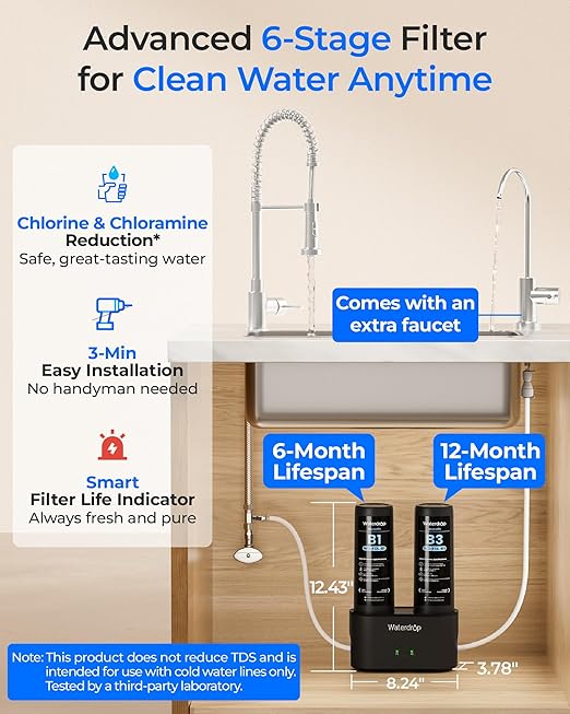 Waterdrop DLB Under Sink Water Filter, Reduces Chloramine, Chlorine, Bad Taste/Odor, Under Sink Water Filtration System with Separate Faucet,Water Filter for Sink Faucet,Life Indicator, Quick Change