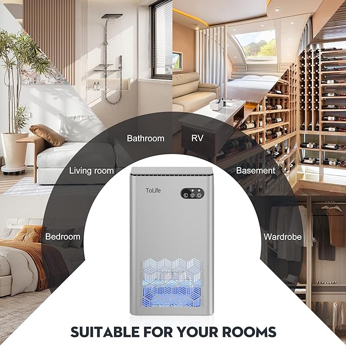 ToLife Dehumidifier for Home, 1000 sq.ft Dehumidifiers for Basement Bedroom Bathroom with 95 OZ Water Tank, Auto Shut Off 7 Colors LED Light, Silver