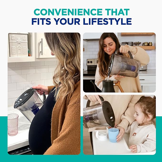 PUR Plus 7-Cup Water Pitcher, 1 Lead-Reducing Filter, Cleaner, Great-tasting Water, Dishwasher Safe, Powerful Filtration, Filter Change Light Indicator, LockFit Cap Design - Smoke