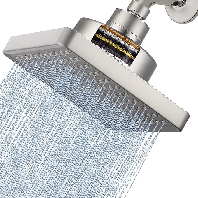 High Pressure Rain Shower Head with Filtered - 6" Square Showerhead Filter for Remove Chlorine and Harmful Substances, Improve Hair and Skin Problems, Brushed Nickel