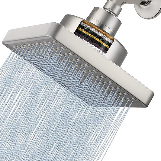 High Pressure Rain Shower Head with Filtered - 6" Square Showerhead Filter for Remove Chlorine and Harmful Substances, Improve Hair and Skin Problems, Brushed Nickel