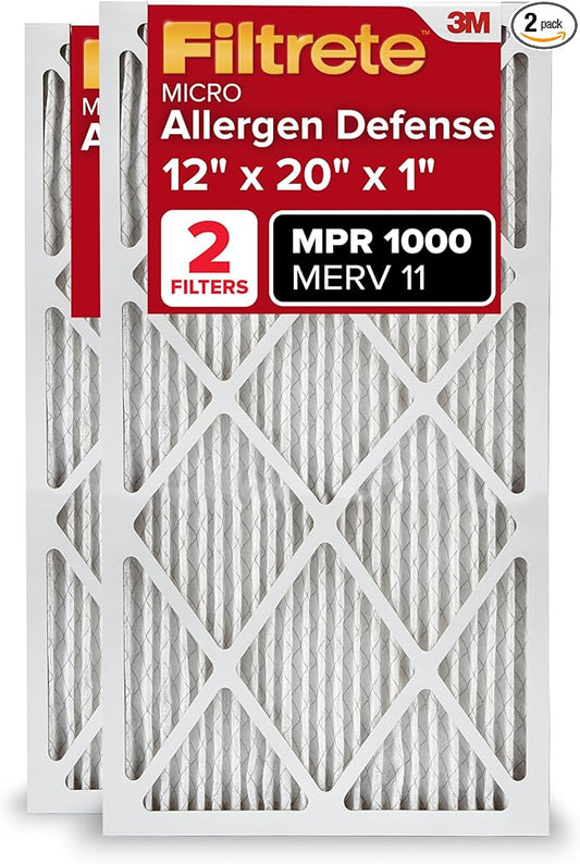 Filtrete 12x20x1 AC Furnace Air Filter, MERV 11, MPR 1000, Micro Allergen Defense, 3-Month Pleated 1-Inch Electrostatic Air Cleaning Filter, 2 Pack (Actual Size 11.81x19.81x0.81 in)