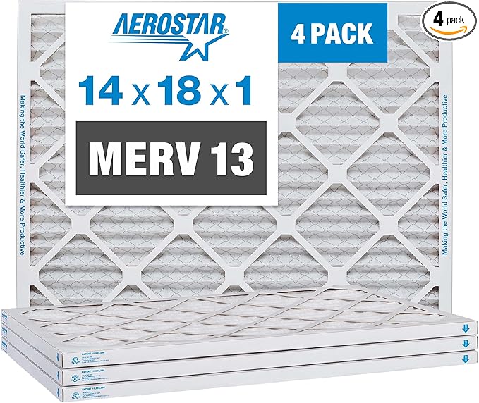 Aerostar 14x18x1 MERV 13 Pleated Air Filter, AC Furnace Air Filter, 4 Pack (Actual Size: 13 3/4" x 17 3/4" x 3/4")