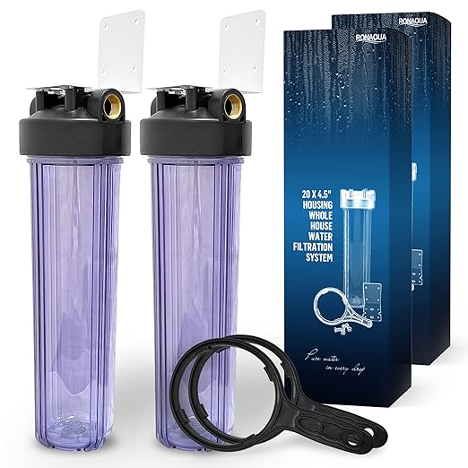 High Capacity 20 x 4.5” Whole House Filter Purifier System for Well or City Water, Presser Relief Button, 1” NPT Brass Port, Double O-Ring, Meets NSF Standards & Regulations (Transparent, 2 Sets)