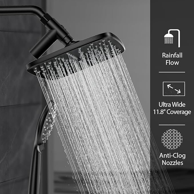 Veken 11.8 Inch Rectangle Rain Shower Head - Shower Heads with 6 Modes Handheld Spray Combo - Wide Rainfall shower with 70" Hose - 1.8gpm Dual Showerhead with Anti-Clog Nozzles - Matte Black