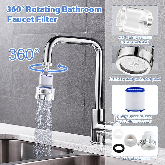 3 Pack Sink Water Filter Faucet, Universal 360 ° Rotating Faucet Filter for Kitchen Sink, 3 Modes Bathroom Faucet Filter Removes Chlorine Fluoride Heavy Metals Hard Water for Home Kitchen & Bathroom