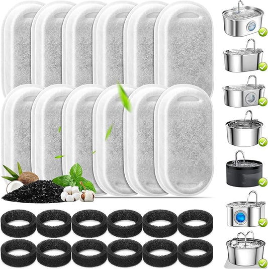 12 Pack Cat Water Fountain Filters, Replacement Filters & Pre-Filter Sponges for 3.2L/108Oz & 67oz/2L Stainless Steel Pet Fountain