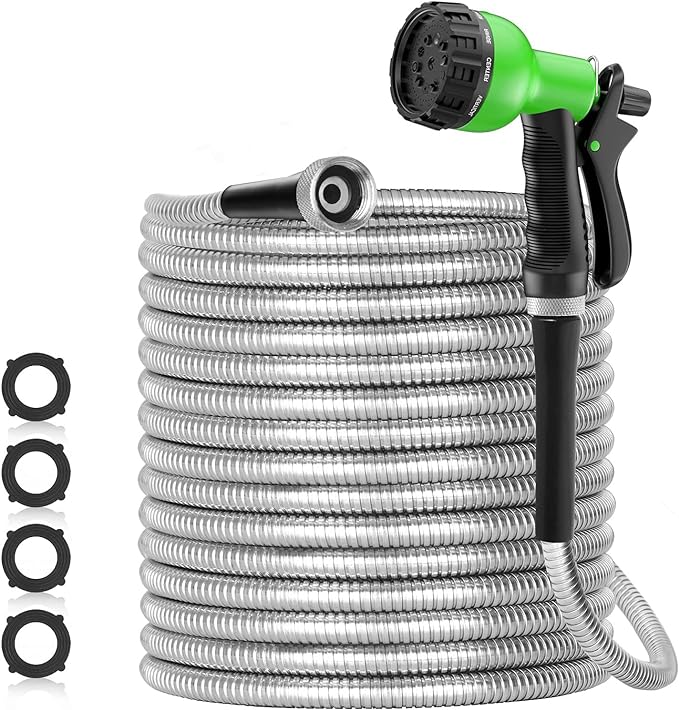 150ft 304 Stainless Steel Garden Hose Metal, Heavy Duty Water Pipe with Nozzles for Yard, Outdoor - Flexible, Never Kink & Tangle, Puncture Resistant (Sliver)