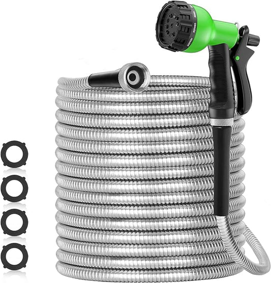 150ft 304 Stainless Steel Garden Hose Metal, Heavy Duty Water Pipe with Nozzles for Yard, Outdoor - Flexible, Never Kink & Tangle, Puncture Resistant (Sliver)