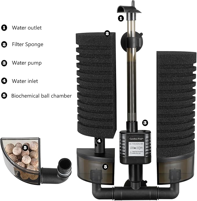Carefree Fish Aquarium Filter with Water Pump 4 Sponges and 1 Bag of Filtered Ceramic Balls Fish Tank Quiet Filter for Salt Water and Fresh Water