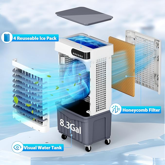 Swamp Cooler Air Conditioners, Large 8.3-Gal Tank for 7d Cooling, 4-IN-1 Portable Evaporative Cooler with LED Touch Screen, 3 Fan Speeds,12H Timer and Remote, 600 sq ft, Ideal for Large Rooms