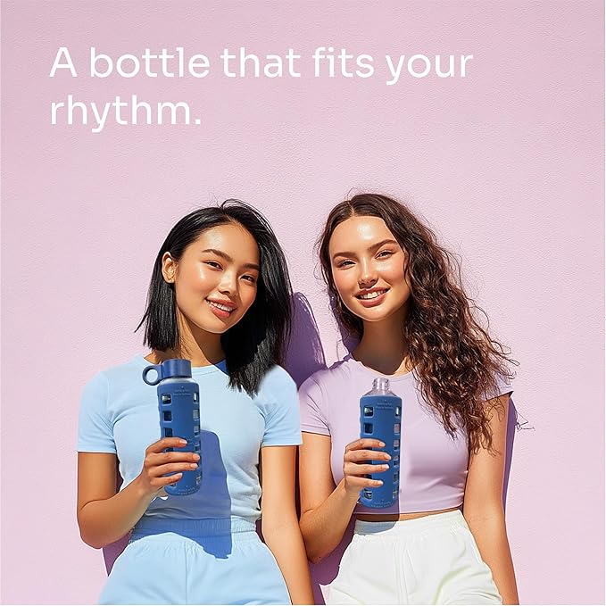 purifyou 40oz / 32oz / 22oz / 12oz Borosilicate Glass Water Bottle with Time & Volume Markers, Silicone Sleeve, Stainless Steel Lid | Reusable Glass Bottle for Water & Juice (12oz Chinese Porcelain)