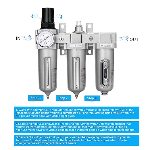 NANPU 1/2" NPT Industrial Grade 3 Stage Air Drying System - Particulate Filter, Coalescing Filter, Desiccant Dryer & Air Regulator, Metal Bowl, Manual Drain, Suitable for Paint Spray＆ Plasma Cutter