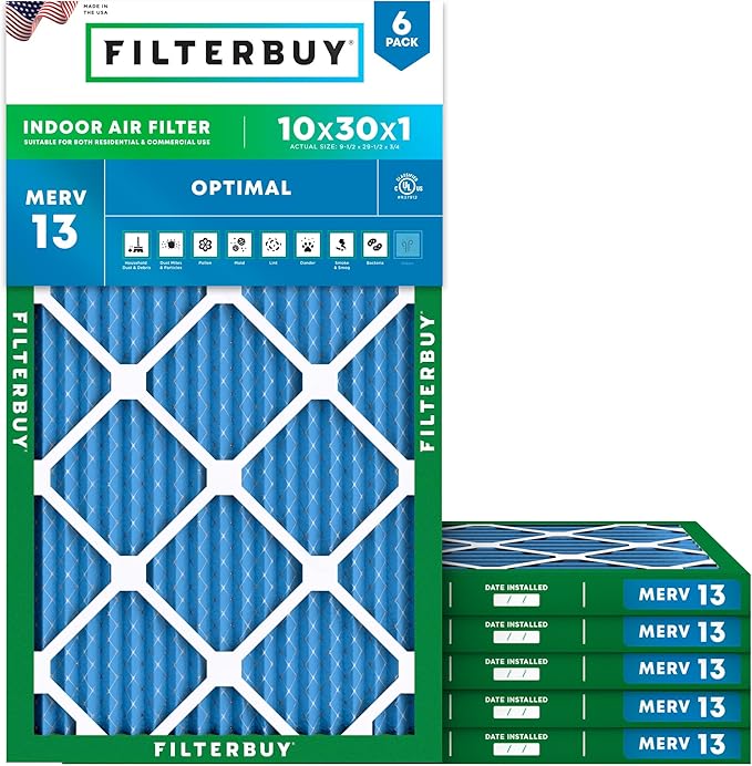 Filterbuy 10x30x1 Air Filter MERV 13 (MPR 1900) Health Defense Replacement (6-Pack), Electrostatic Pleated HVAC AC Furnace Filters, Made in USA (Actual Size: 9.50 x 29.50 x 0.75)