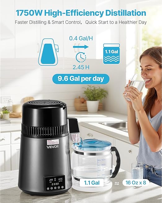 VEVOR Water Distiller, 4L 1.1 Gallon Pure Water Purifier Filter for Home Table Countertop, 1750W Distilled Maker with Glass Pot, Stainless Steel Interior Drinking Machine to Make Clean Waters, Grey