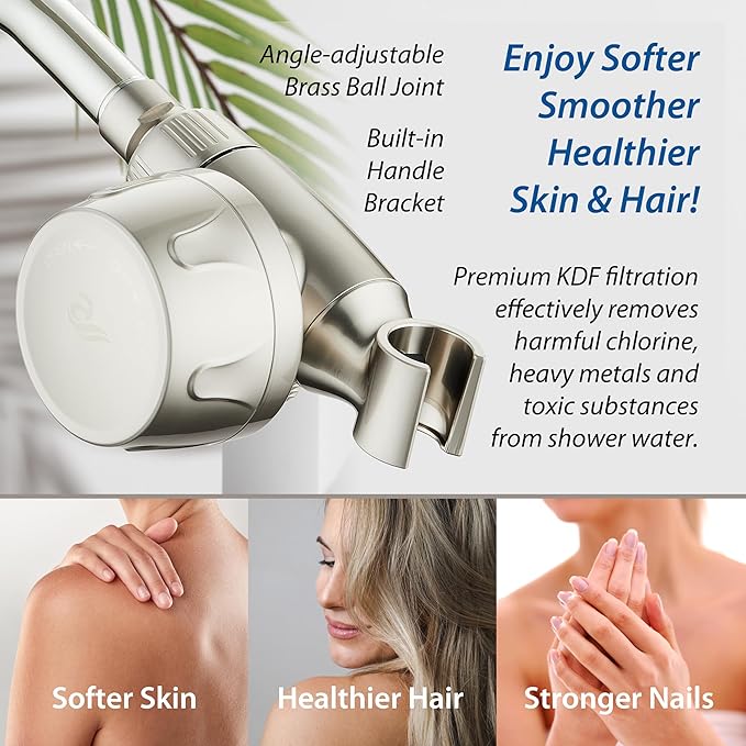 Skin & Hair by AquaCare - World's Most Advanced Shower Filter for Hand Showers with ON/OFF Filtration Modes,Instant Cartridge Reload,Built-in Bracket & Stay-Clean Enriched KDF Cartridge/Satin Nickel