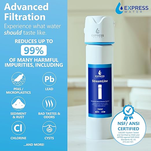 Express Water StreamLine USC001 Under Sink Water Filter System, Reduces PFAS, PFOA/PFOS, Lead, Chlorine, Under Counter Water Filter Direct Connect to Kitchen Faucet NSF/ANSI 42, 53, 372, 401 Certified