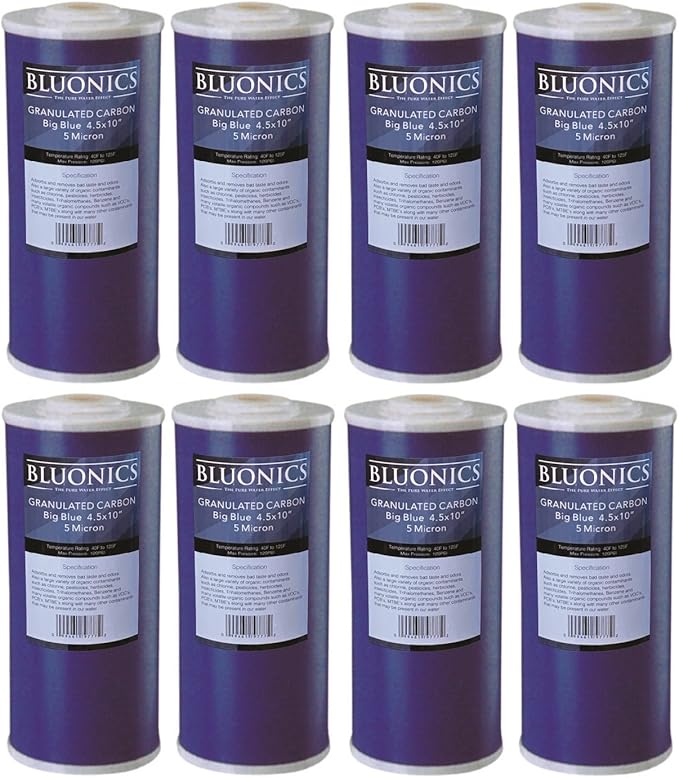 BLUONICS Carbon Replacement Water Filters 8pcs GAC Granulated 4.5" x 10" Cartridges