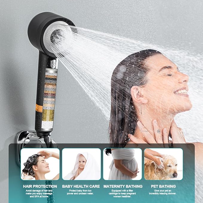 High Pressure Showerhead with Filters, Filtered Shower Head Handheld with ON/OFF Switch,Extra Long 79-inch Hose and Adjustable Angle Bracket Extra Low-Reach Adhesive Wall Mount for Kids (black)