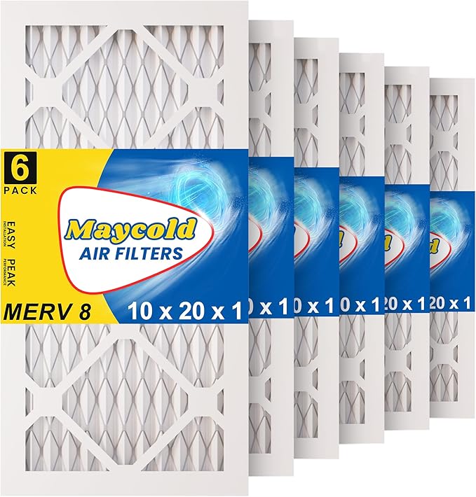 Maycold MERV 8 10x20x1 Furnace Air Filters (6-Pack), Pleated HVAC AC Filters – Actual Size 9.70” x 19.70” x 0.75”, For Residential or Office Use, Individually Wrapped in Plastic