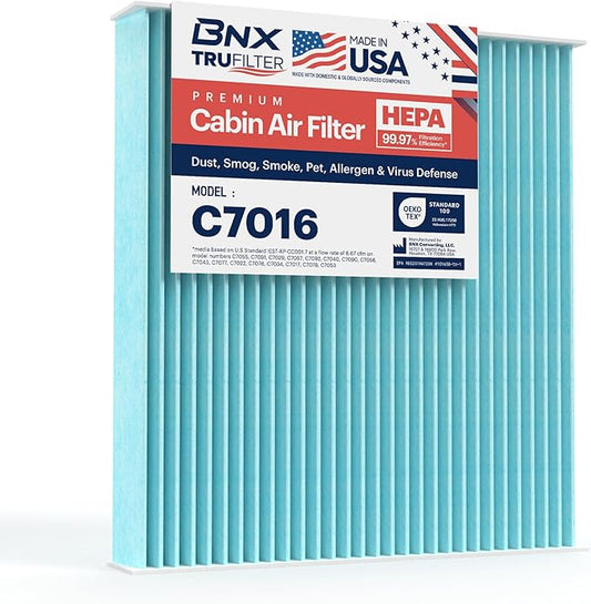 BNX TruFilter C7016 Cabin Air Filter, HEPA 99.97%, MADE IN USA, Compatible With Ram: 1500 Pickup; Chrysler: 200, Sebring; Dodge: Avenger, Caliber, Journey; Compatible with Jeep: Compass, Patriot