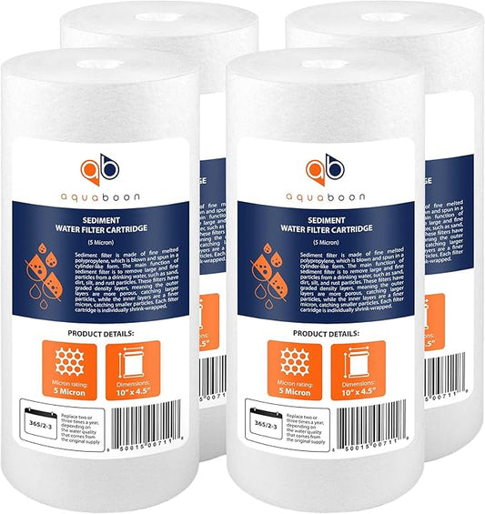 Aquaboon 5 Micron 10 x 4.5 Well Water Sediment Filter Replacement Whole House Water Filter Cartridge Compatible with DGD-5005, WFHD13001B, 4-Pack