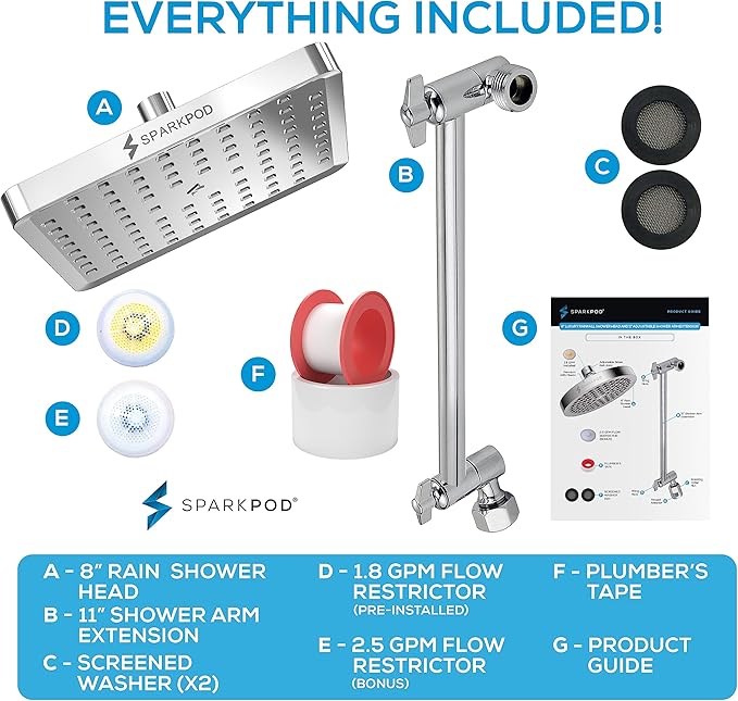 SparkPod Square Rain Shower Head with Shower Head Extension Arm - High Pressure Rain - Luxury Modern Look - No Hassle Tool-less 1-Min Installation (11" Shower Arm Extension, Luxury Polished Chrome)