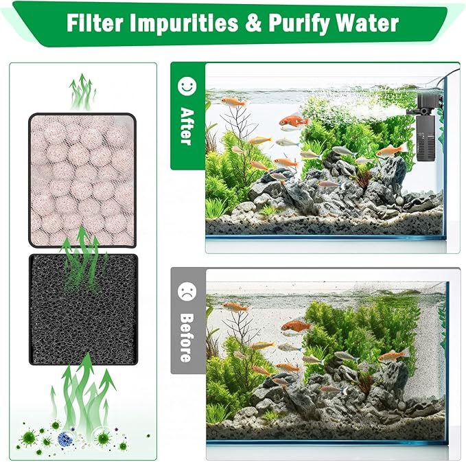 AQQA Aquarium Filter, 3-Stage Filtration, Adjustable Wave Maker & Oxygenator, Quiet 12W 115GPH Submersible Pump, Easy Clean Sponge Filter, for 30 Gallon Freshwater Saltwater Fish Tank 110V/60Hz