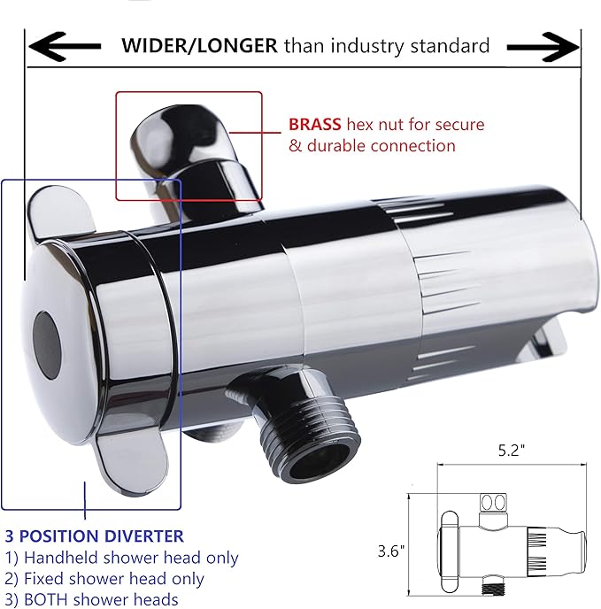 5-Inch Anti-Clog High Pressure 3-Way LARGE Dual Shower Head with Handheld Spray - 5-Spray Setting/BRASS CONNECTOR/5 Ft Stainless Steel Hose/All Chrome (SS5450CCP)