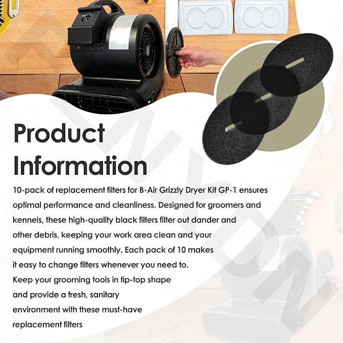 10-Pack Replacement Filters Compatible with B-Air Pet Dryer Airmovers GP-1, GP-1-F Grizzly, for Use by Pet Groomers and Kennels