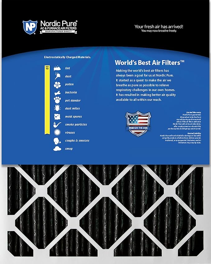 Nordic Pure 14x25x2 (13 1/2 x 24 1/2 x 1 3/4) Furnace Air Filters MERV 10 Pleated Plus Carbon 12 Pack