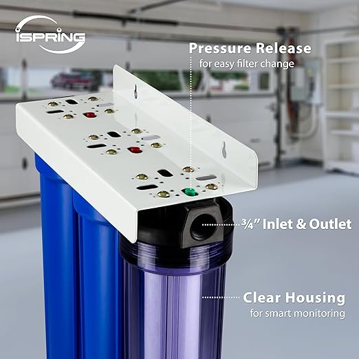 iSpring Whole House Water Filter System, Reduces Chloramine, PFAS, Chlorine, Sediments, 3-Stage Whole House Water Filtration System, 5-Micron, 3/4" Inlet/Outlet, Model: WCB32C-GAC