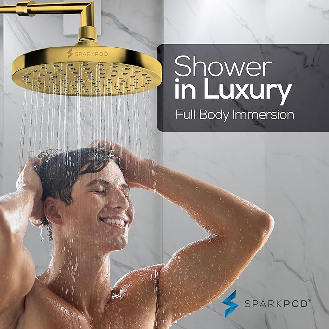 SparkPod Shower Head - High Pressure Rain - Premium Quality Luxury Design - 1-Min Install - Easy Clean Adjustable Replacement for Your Bathroom Shower Heads (Egyptian Gold, 8 Inch Round)