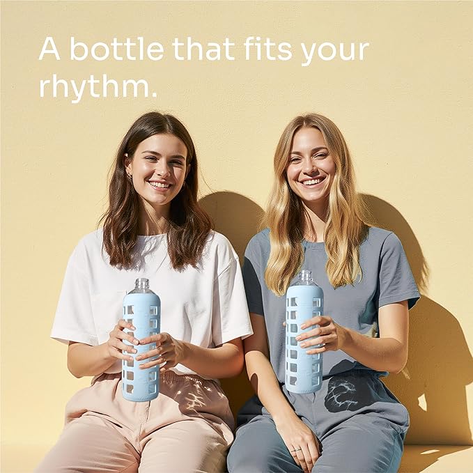 purifyou 40oz / 32oz / 22oz / 12oz Borosilicate Glass Water Bottle with Time & Volume Markers, Silicone Sleeve, Stainless Steel Lid | Reusable Glass Bottle for Water & Juice (40oz Ice Blue)