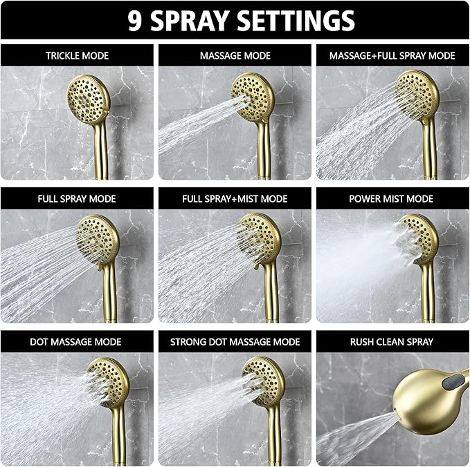 SUMERAIN Filtered Shower Head with Hard Water Filter - 9-Spray FOF ScaleBlock & Vitamin C Skin Care, 3-Month Cartridge for California/Texas/Illinois, Brushed Gold