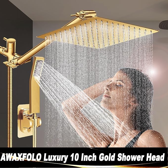 10'' Square Rain Shower Heads with Handheld, High Pressure Shower Head Combo with 11'' Adjustable Extension Arm, All Metal Shower Wand with 78'' Anti-Leak Shower Hose, 3 Way Diverter Valve, Gold