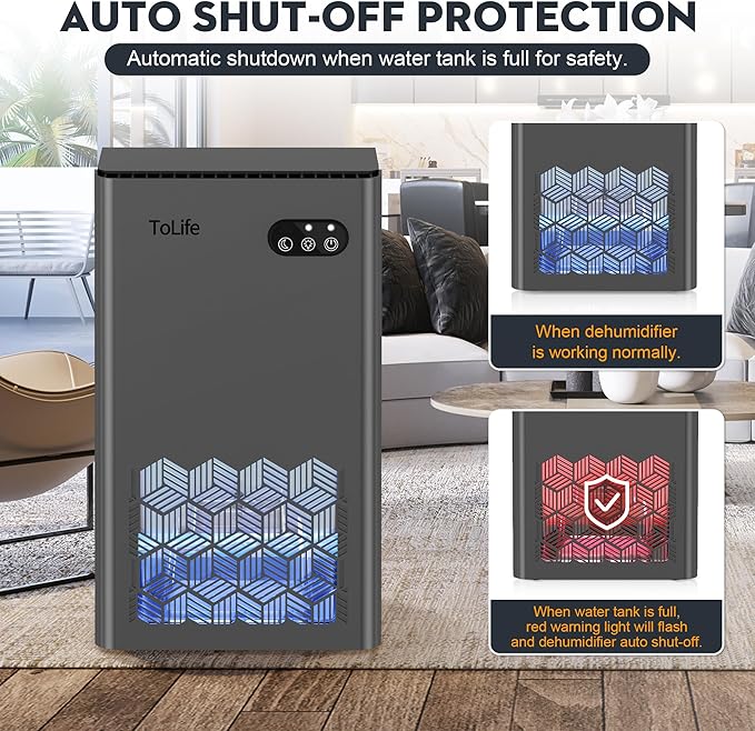 ToLife Dehumidifier for Home 95 OZ Water Tank, 1000 sq.ft Dehumidifiers for Basement Bedroom Bathroom with Auto Shut Off 7 Colors LED Light,Grey
