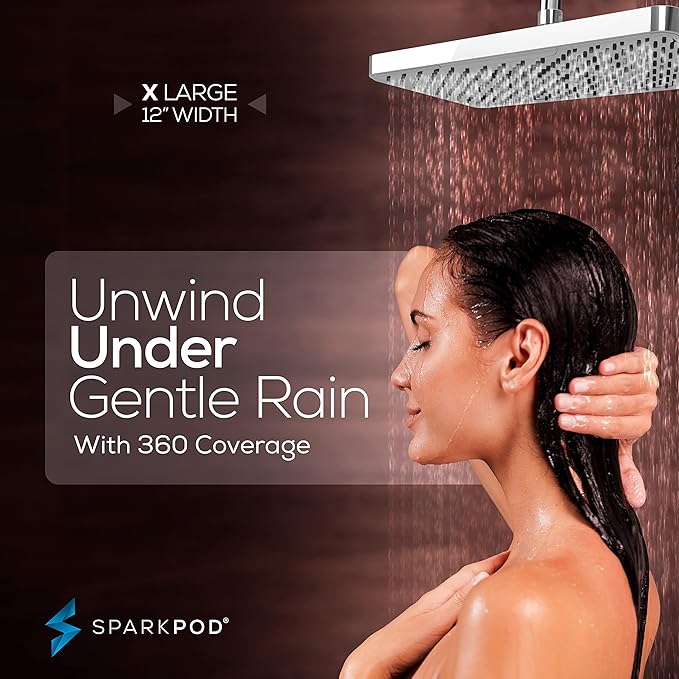 SparkPod 12 Inch Rectangle Rain Shower Head - Ceiling or Wall Mount Rainfall Shower Head - Large Coverage Showerhead - Brass Ball Joint with 360° Adjustment - 1-Min Install (Luxury Polished Chrome)