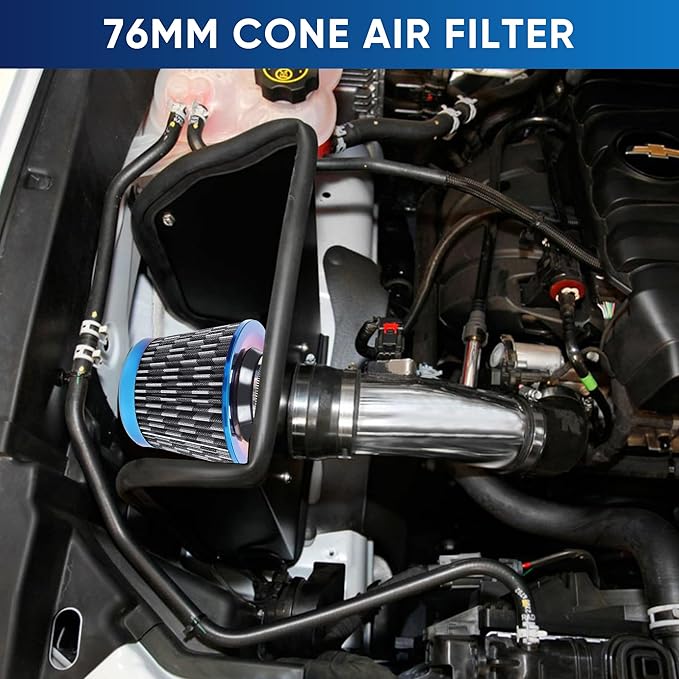 Universal Cold Air Intake Filter Clamp-On Replacement Air Filter Flange Diameter 3 inches/76mm High Performance Washable Filter Carbon Fiber Pattern