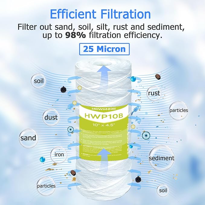 25 Micron Whole House Water Filter Cartridge, String Wound Sediment Filters for Well Water, Replacement for 84637, WPX5BB97P, WP10BB97P, WP25BB97P - 10" x 4.5" Cartridges - Pack of 4