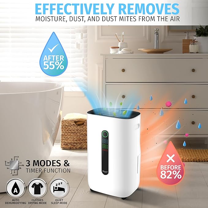 Nyxi 4,500 Sq Ft Home Dehumidifier, Most Efficient Energy Star, XL 1.7 Gallon Tank, Drain Hose, Digital Humidity Control & 24-Hour Timer, Removes Moisture 50 Pints from Rooms, Laundry, Office
