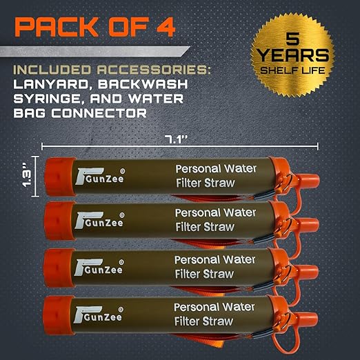GunZee Personal Water Filter Straw, Reusable Straws for Drinking Clean, Filtered Water, Portable & Lightweight, Ideal for Camping, Hiking, Fishing, and Backpacking, Survival Gear and Supplies, 4-Pack