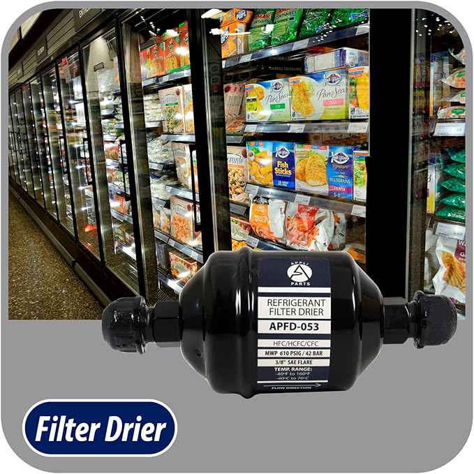 Appli Parts APFD-053 3/8 in Liquid Line Refrigerant AC Filter Drier hvac Refrigeration 053 SAE Flare connection universal unidirectional 4-1/2 in long 2 in wide